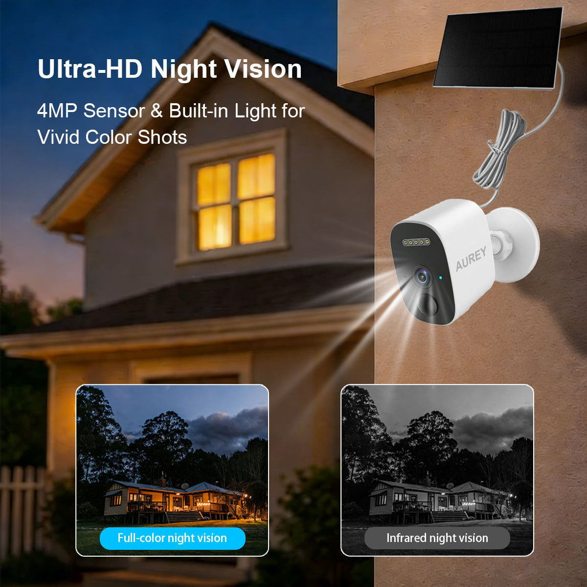 AUREY 4G Solar 2MP Battery Security Camera, Outdoor Camera with Solar Panel, Night Vision & Motion Alerts