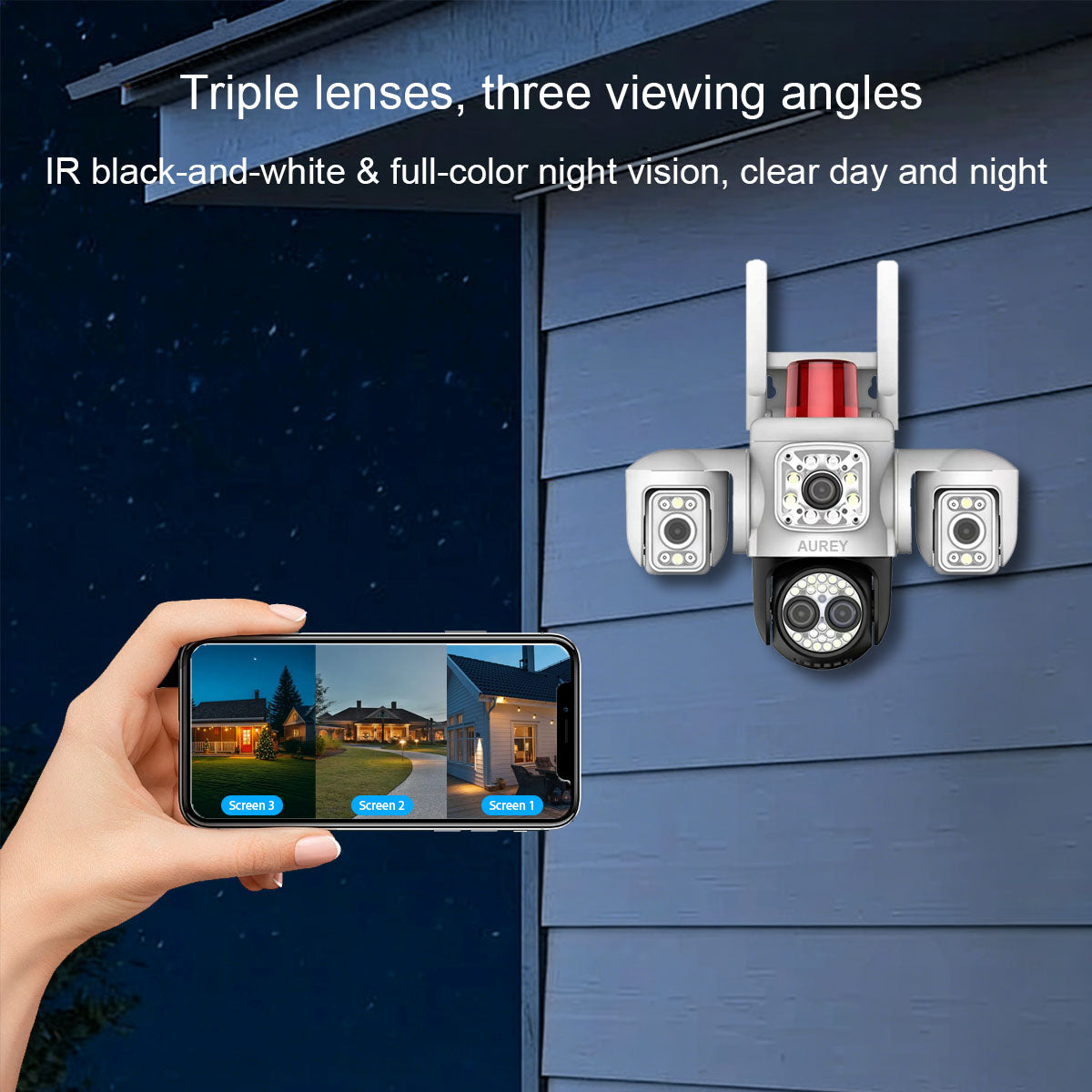 AUREY B3W-1 10X Zoom 6MP Triple-lens WiFi PTZ Security Camera , Siren Alarm, Night Vision & Two-Way Audio