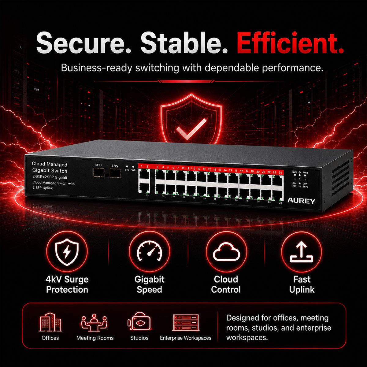 AUREY 24-Port Gigabit Switch, 24GE + 2G Uplink + 2SFP Cloud Managed Switch for PoE CCTV Cameras, NVR and Security Monitoring Systems