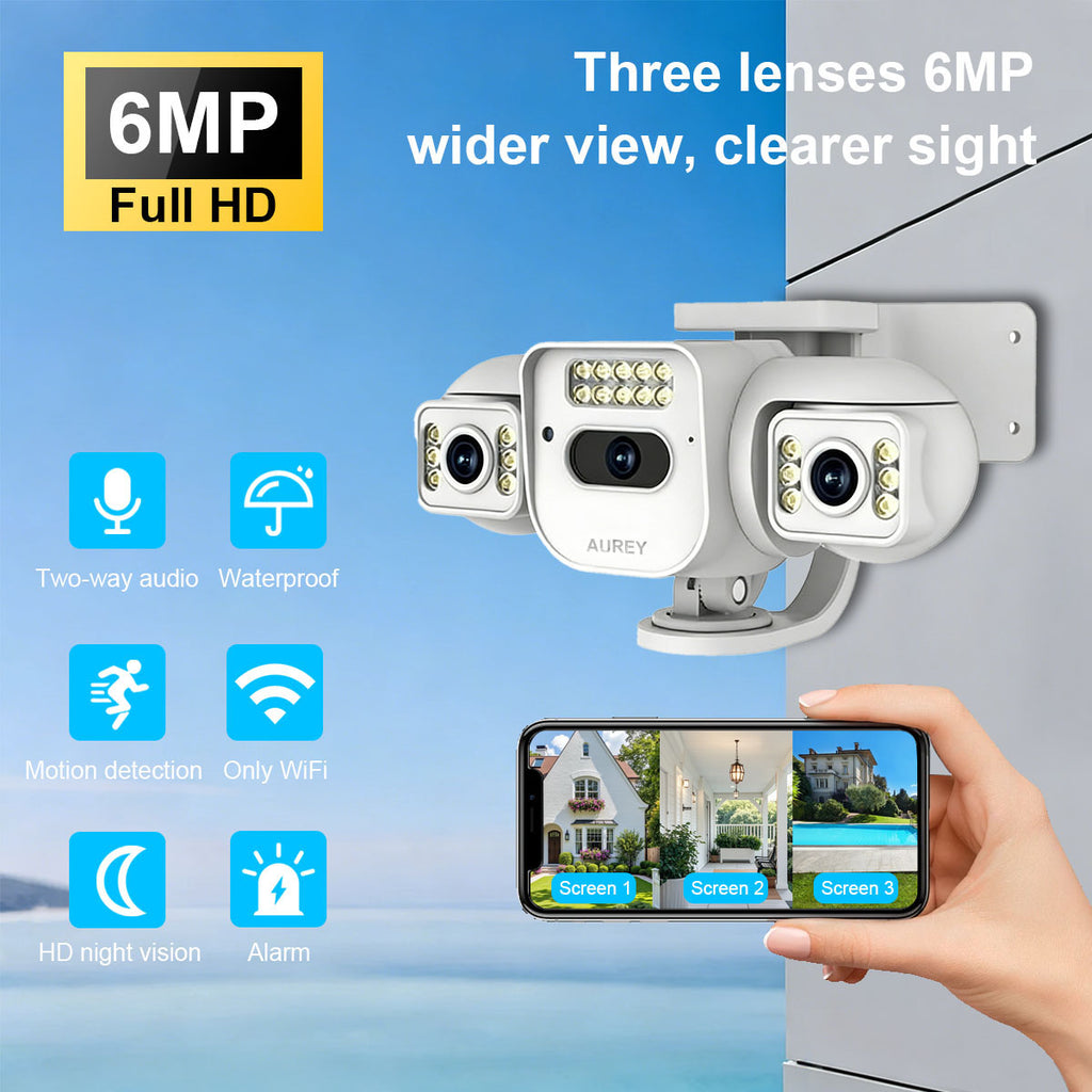 AUREY Triple-lens 6MP PTZ Outdoor Security Camera with Night Vision, Motion Detection & Two-Way Audio