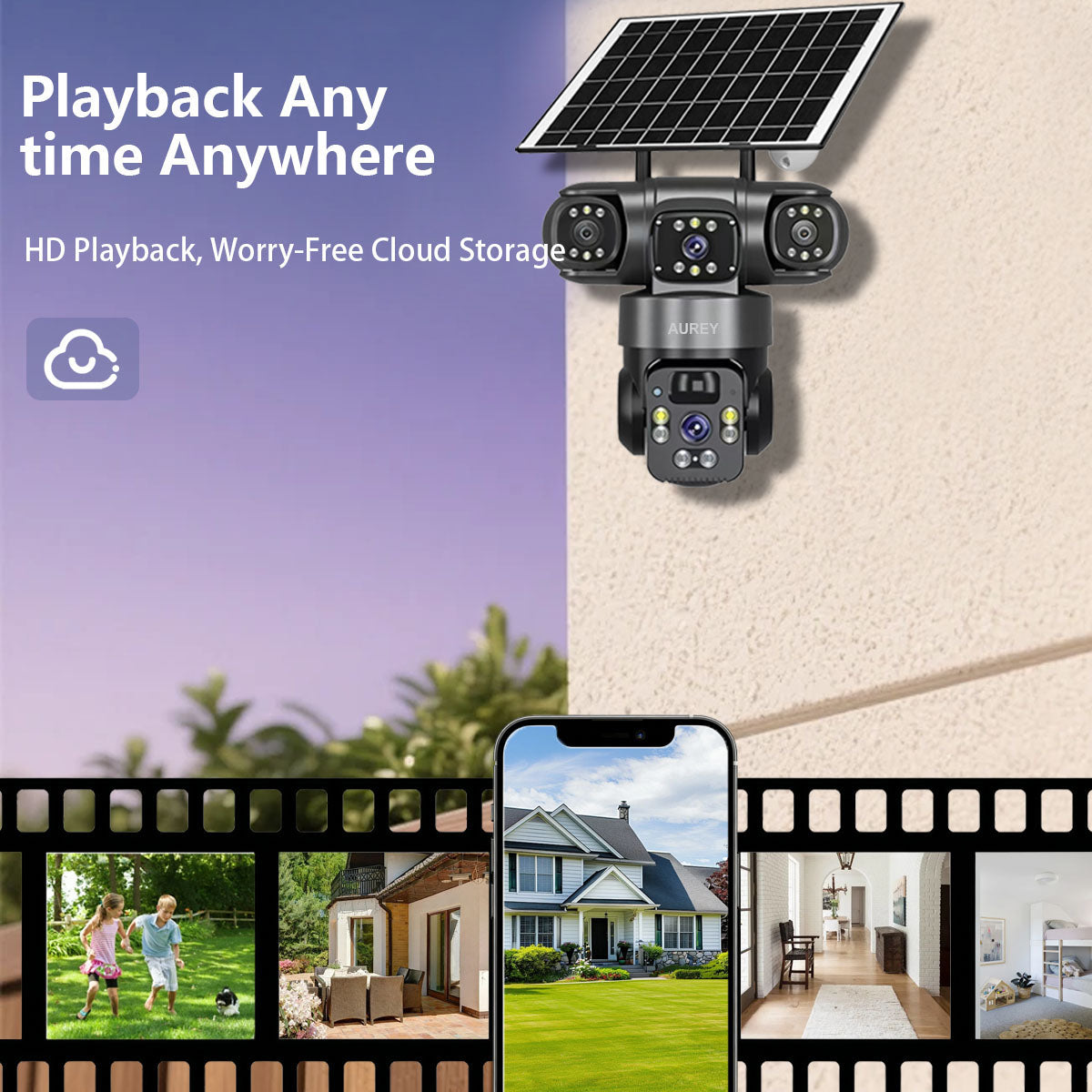 AUREY Solar 4G 6MP Triple-lens PTZ Security Camera – SIM Card, Motion Alerts