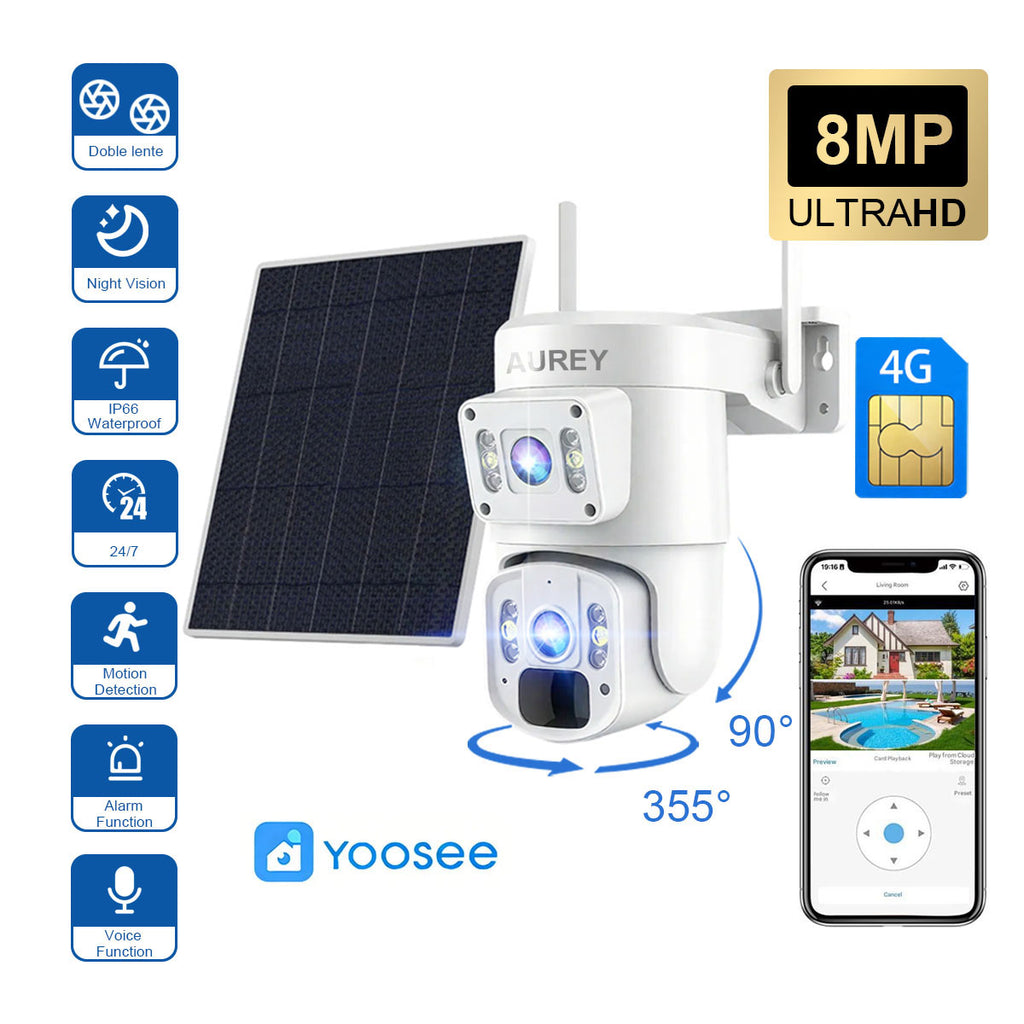 AUREY Solar 4G Dual-Lens 4MP PTZ Security Camera,Outdoor Camera with Smart alarm, Two-Way Audio & IP66 Waterproof