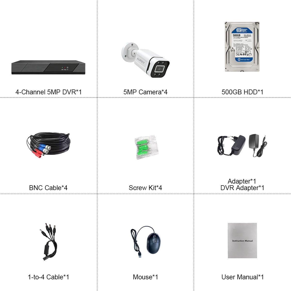 AUREY 4-Channel 5MP Wired Security Camera System with 500GB Hard Drive, 4-Camera CCTV Kit with DVR, Night Vision & Remote Viewing