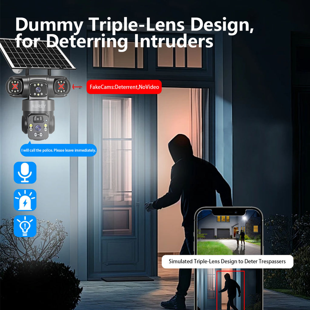 AUREY Solar 4G 6MP Triple-lens PTZ Security Camera – SIM Card, Motion Alerts