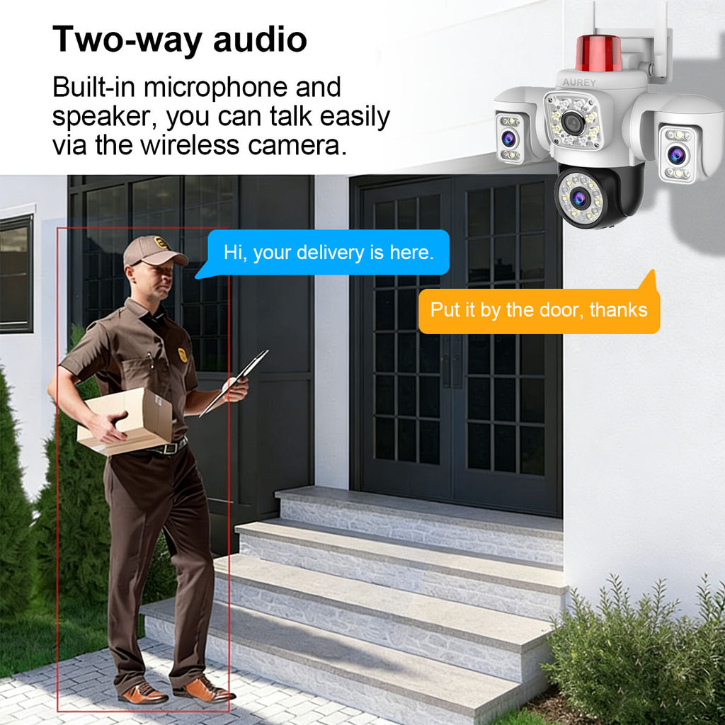 AUREY Triple-lens WiFi 6MP PTZ Security Camera with Siren Alarm, Night Vision, Motion Detection & Two-Way Audio