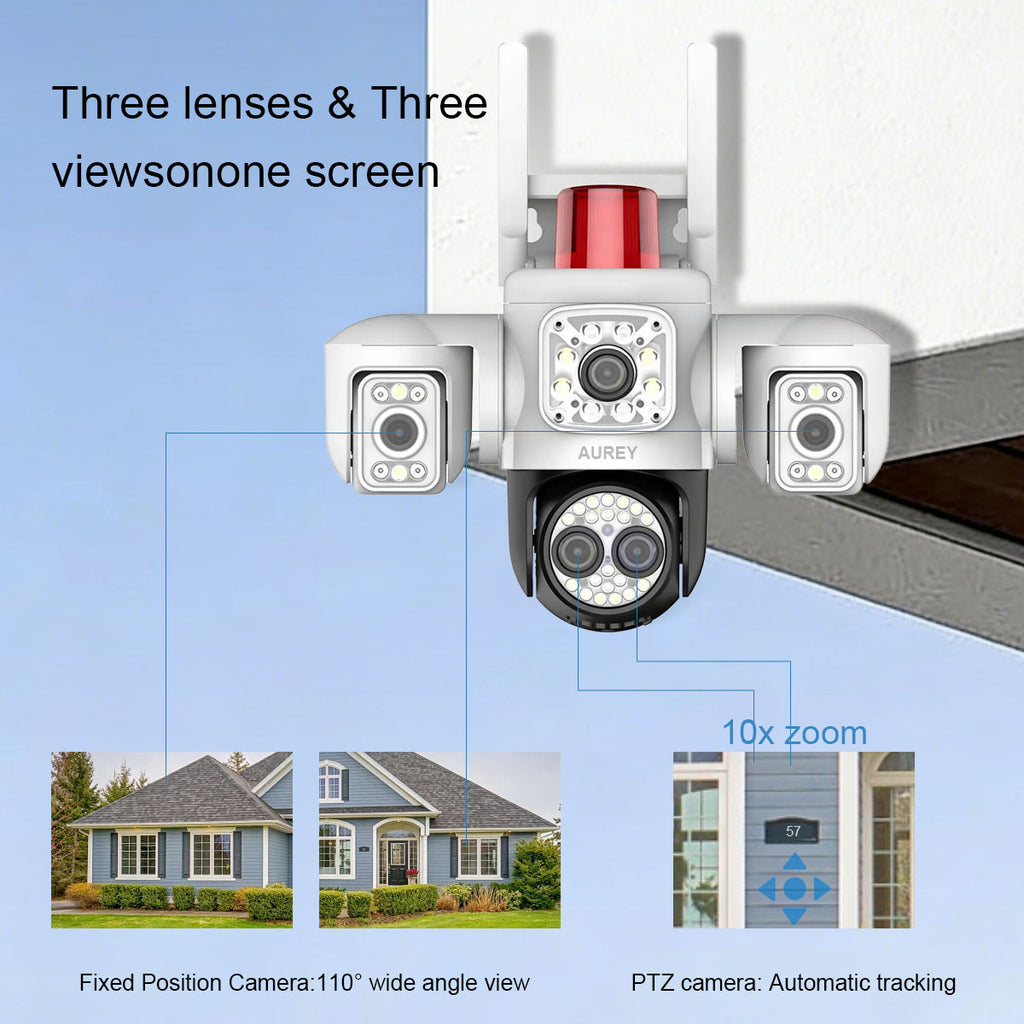 AUREY B3W-1 10X Zoom 6MP Triple-lens WiFi PTZ Security Camera , Siren Alarm, Night Vision & Two-Way Audio