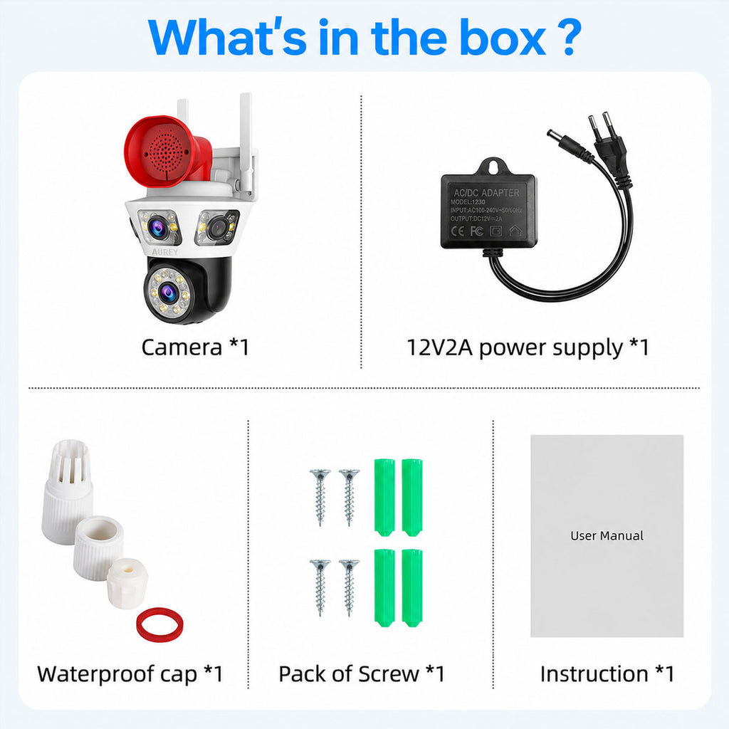 AUREY Dual-Lens  4MP WiFi PTZ Security Camera with Siren Alarm, Night Vision, Motion Detection & Two-Way Audio