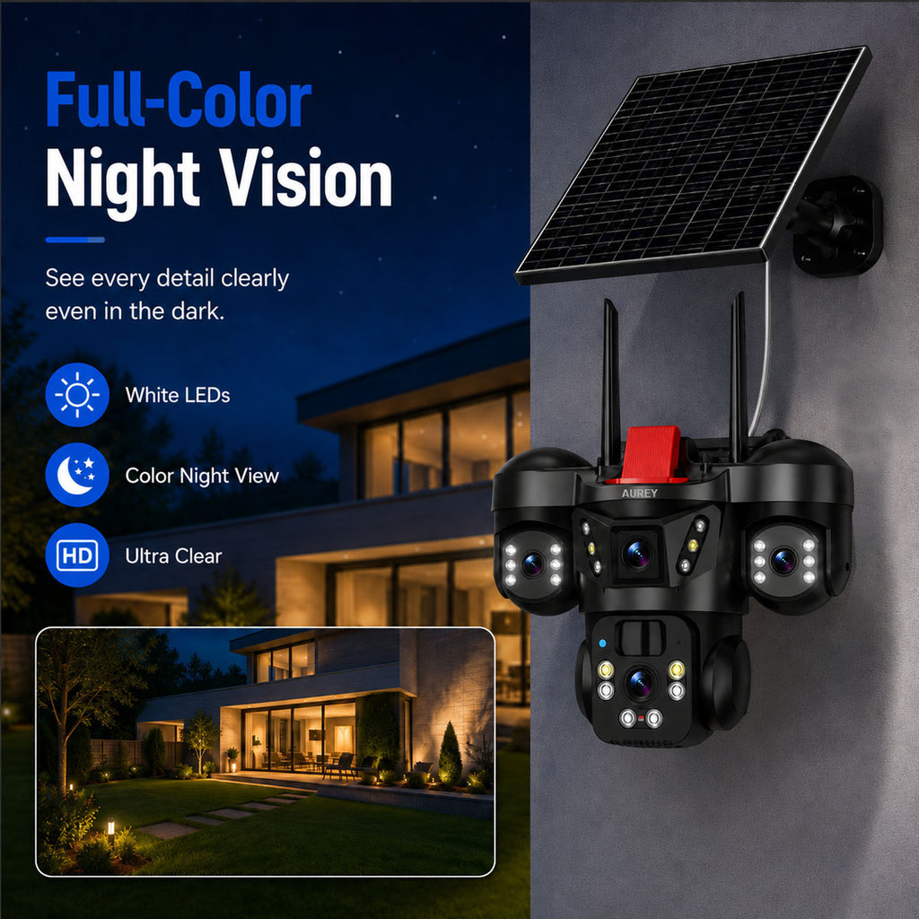 AUREY Solar 4G 6MP Triple-lens PTZ Battery Security Camera, Outdoor Camera with Night Vision, Motion Detection & Two-Way Audio