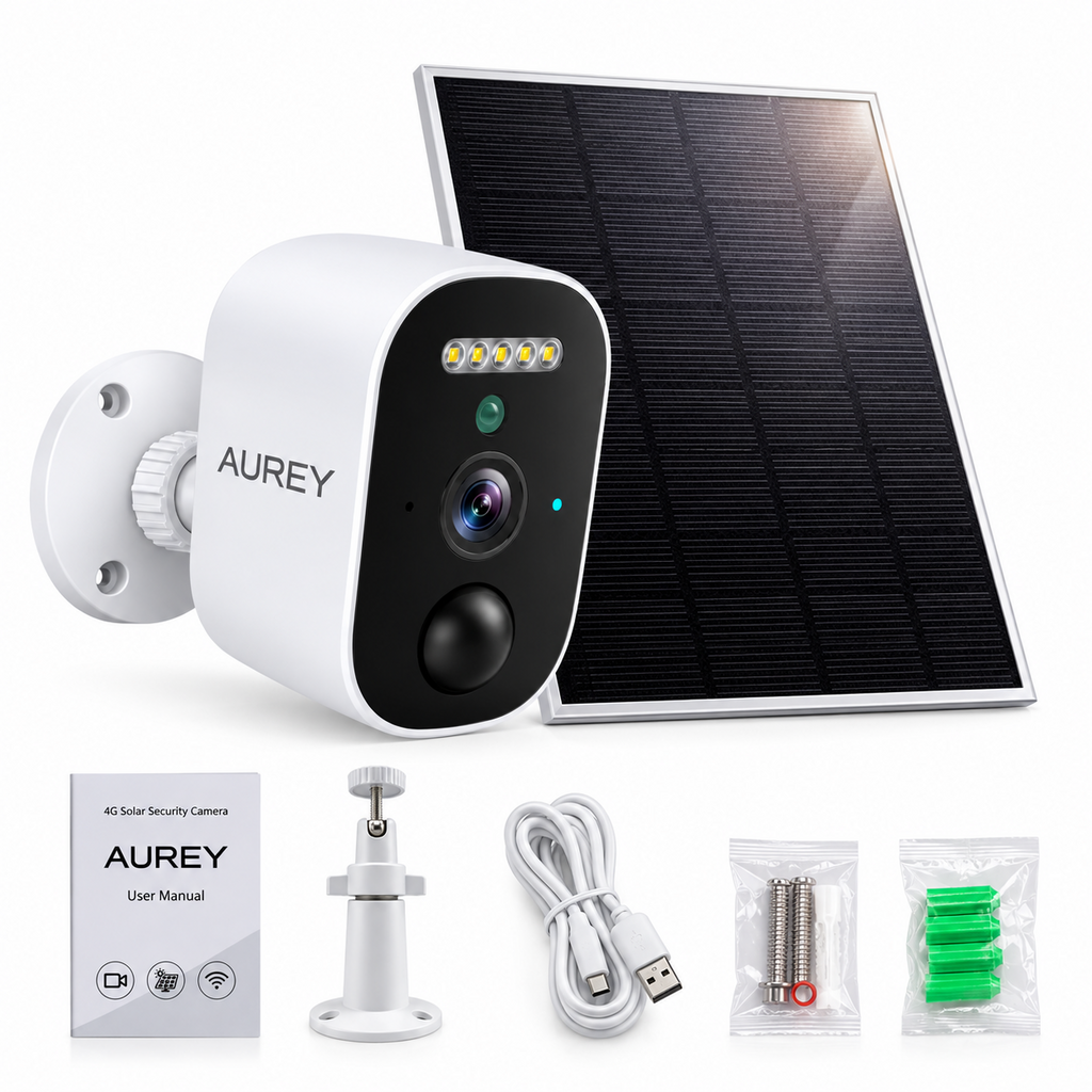 AUREY 4G Solar 2MP Battery Security Camera, Outdoor Camera with Solar Panel, Night Vision & Motion Alerts
